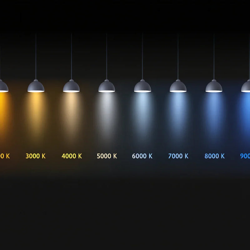 Olika ljuskällor upphängda i rad, visande färgtemperaturer från 1000K till 10000K mot svart bakgrund.