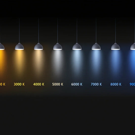 Olika ljuskällor upphängda i rad, visande färgtemperaturer från 1000K till 10000K mot svart bakgrund.