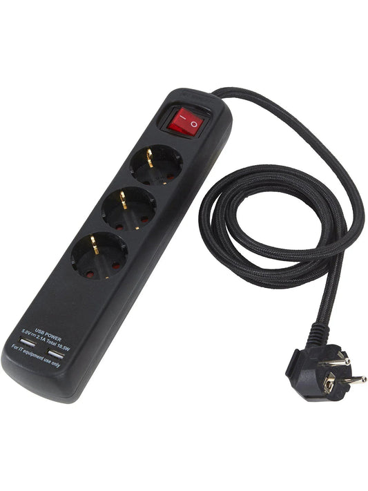 Grenuttag 3:a m USB - Black/Black 1.4m - PR Home - Ljusvaruhuset