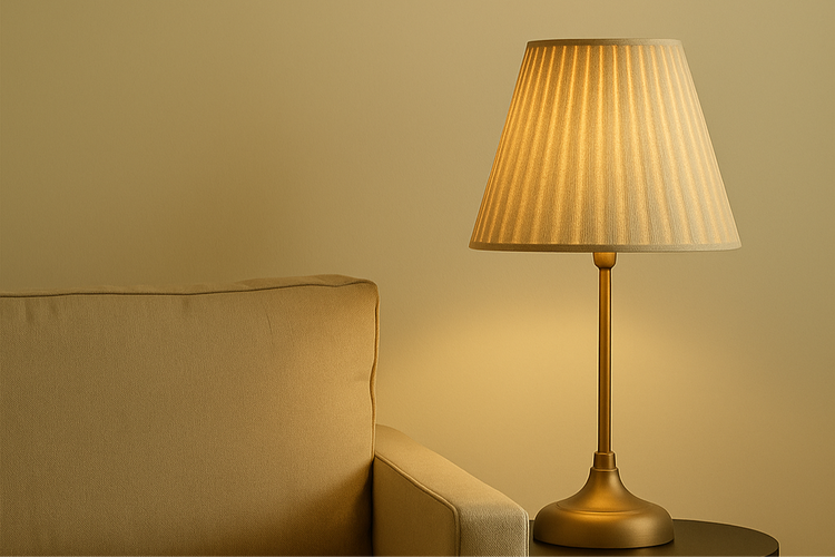 Elegant bordslampa i mässing med veckad textilskärm – sprider varmt ljus i sovrum eller vardagsrum