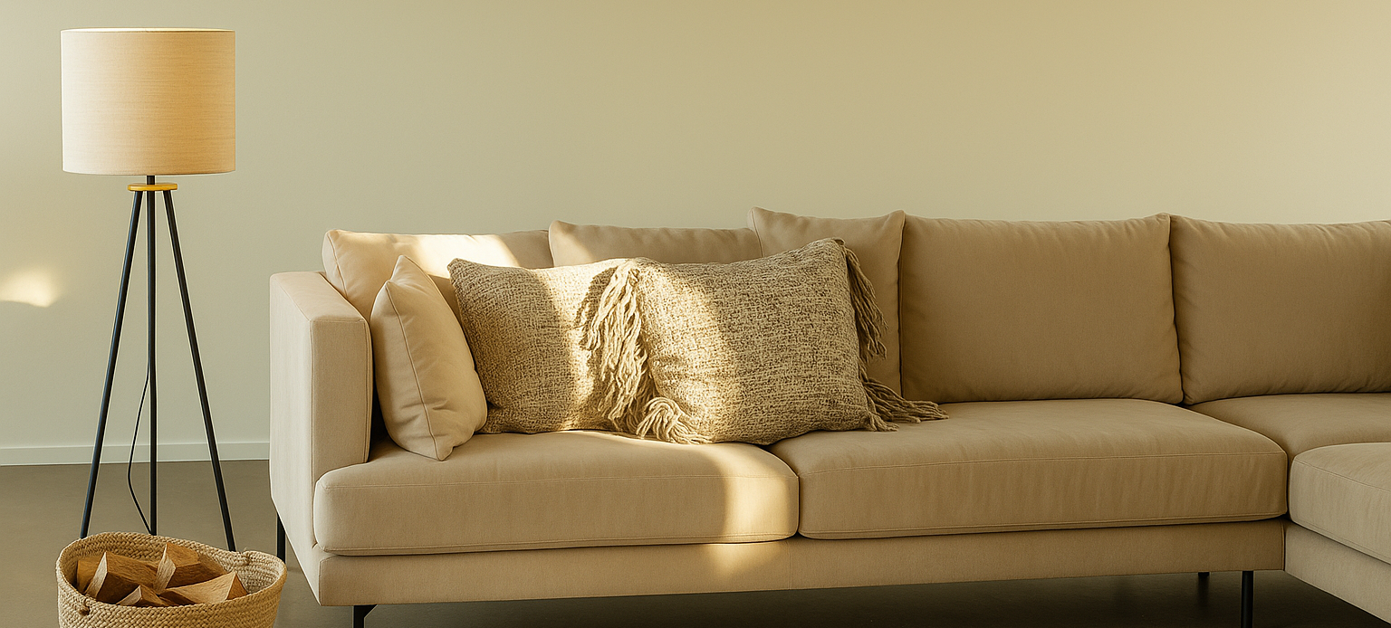 Beige golvlampa i modernt vardagsrum med mjuk belysning och naturligt ljus – inspiration för inredning med ljus