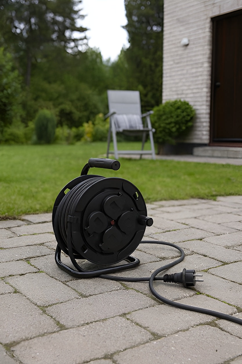 Svart kabelvinda med uttag placerad på stenlagd uteplats framför ett hus, med trädgård och solstol i bakgrunden.