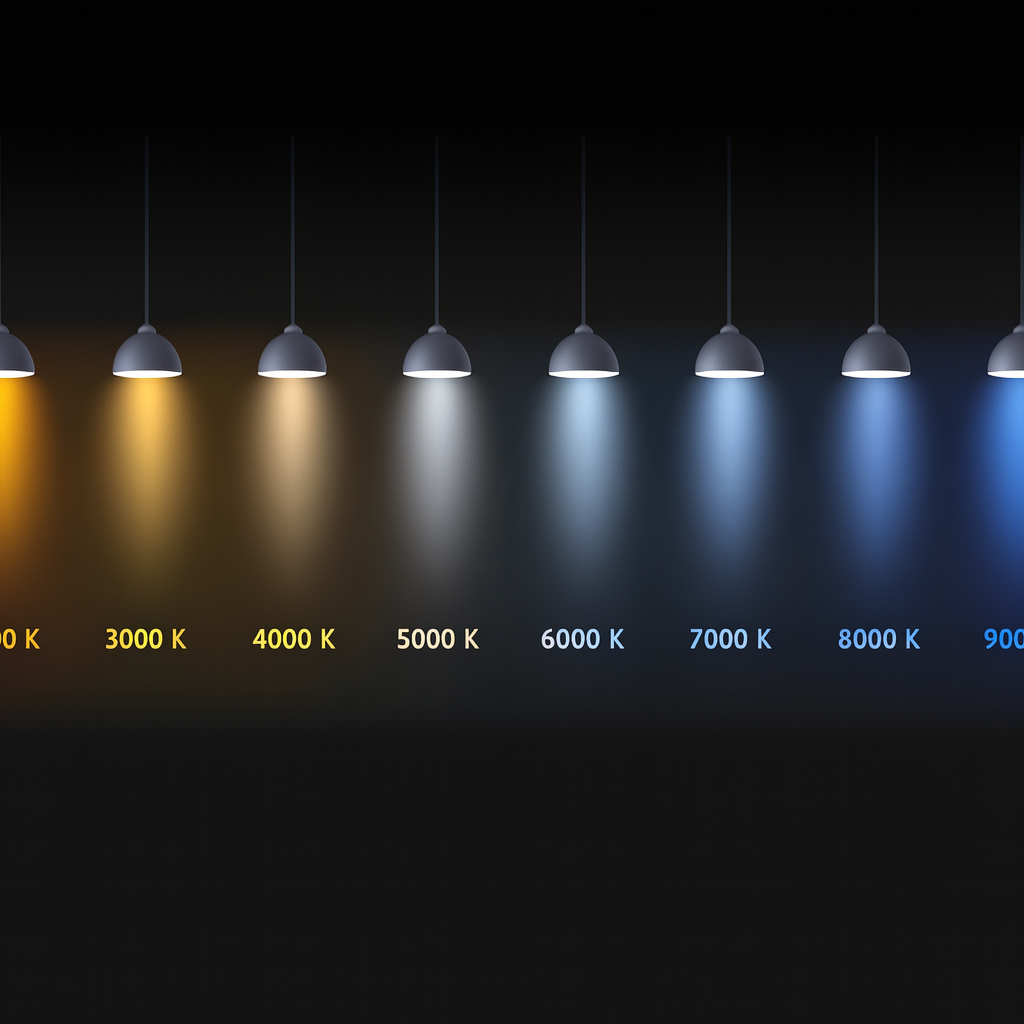 Olika ljuskällor upphängda i rad, visande färgtemperaturer från 1000K till 10000K mot svart bakgrund.
